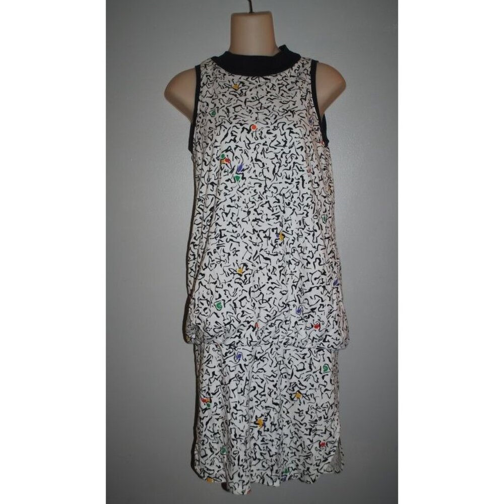 Vintage 80's Dress Sleeveless Paint Splatter Elastic Waist Florescent  M
